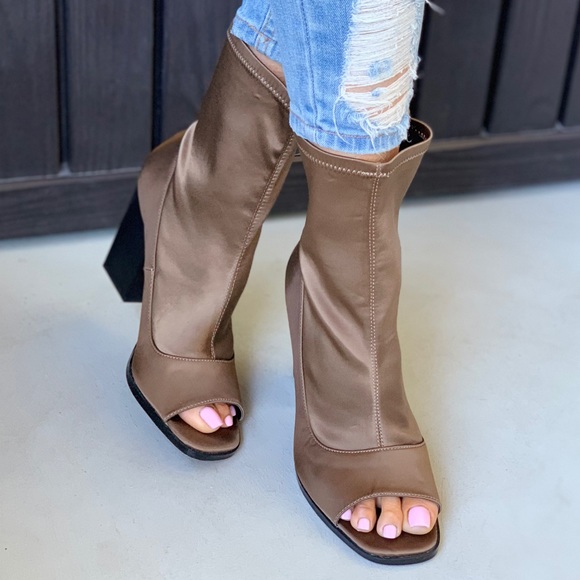 Bronze Sayre Satin Block Heel Sock Ankle Boots - Picture 4 of 8